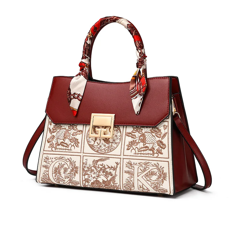 Luxury High Quality Women Small Embroidery Shoulder Strap Handbag,2024 New In Vintage Elegant Leather Boston Female Bag Burgundy