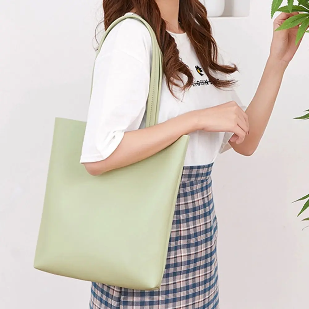 Large Capacity Tote Bag Fashion Soft Solid Color Shoulder Bag Casual PU Leather Top Handle Handbags Ladies