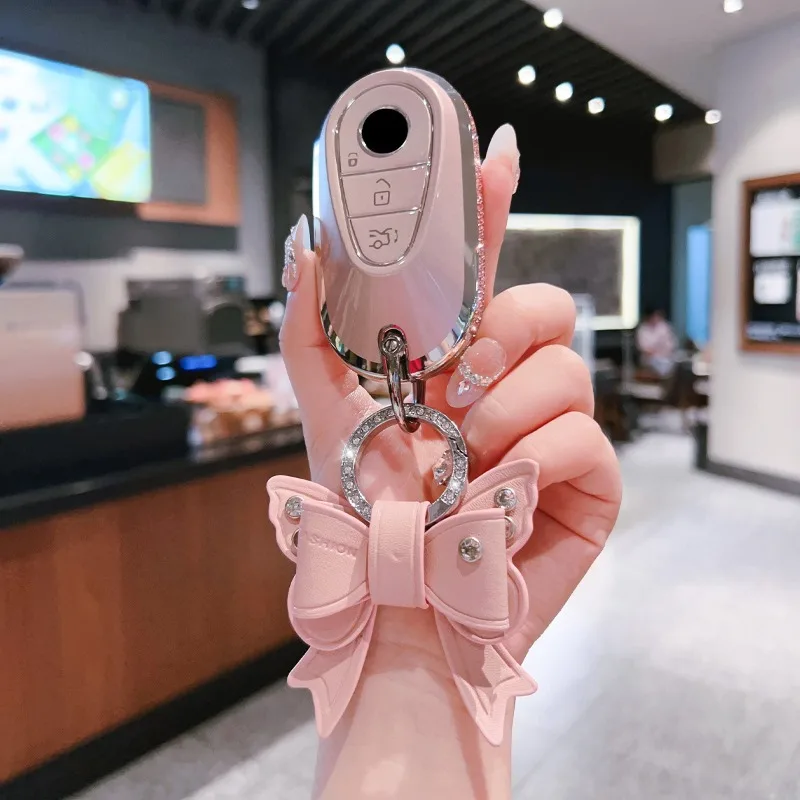 Glitter Pink Full Rhinestone Car Key Case Cover For Mercedes-Benz New Smart Key, Bling Crystal Key Fob With Bear Keychain
