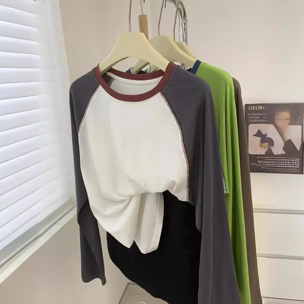 Snowflake Print Cotton Raglan Long Sleeve T Shirt for Women Round Neck Summer Casual Top