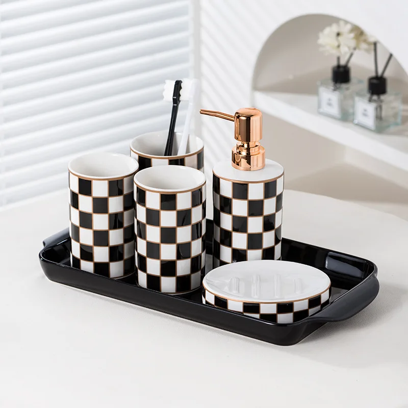 Black and white grid ceramic wash set mouthwash cup light luxury hotel bathroom brush cup  soap dispenser dispenser bathroom