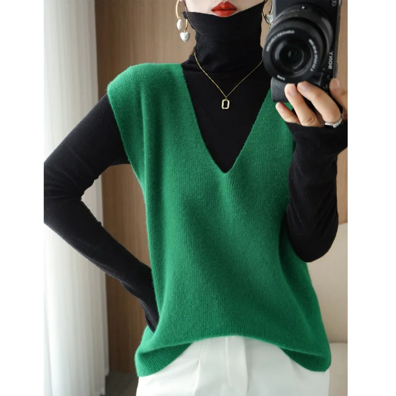 Autumn Winter Fashion Vest Ladies Knitted Cashmere Sweater Women Sleeveless V-Neck Pullover Korean Female Vest Loose Soft Tops