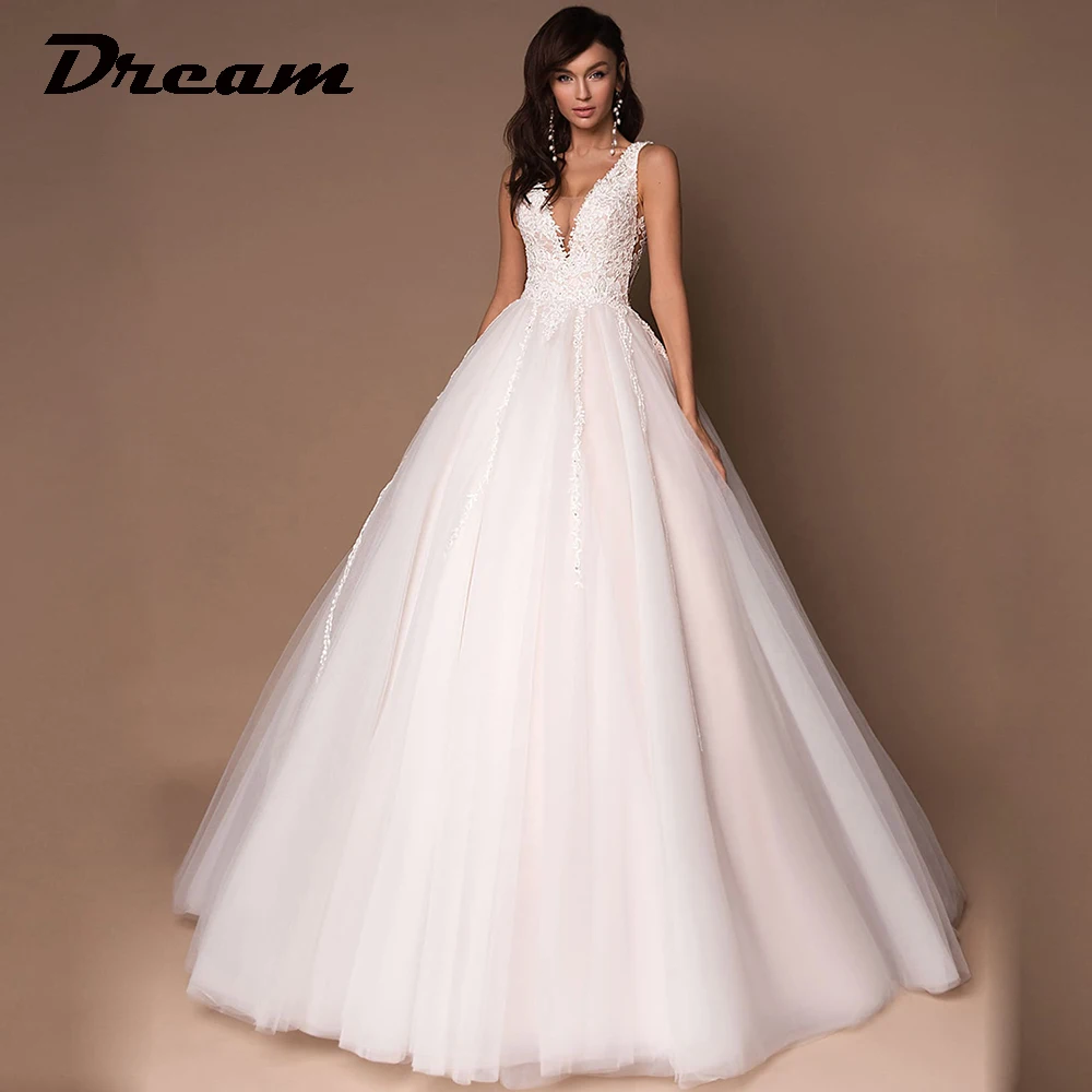 DREAM Tulle Deep V-Neck Sleeveless Princess Wedding Dresses 2023 Lace Up Beads Applique Bridal Dress Ball Gown Vestidos De Novia