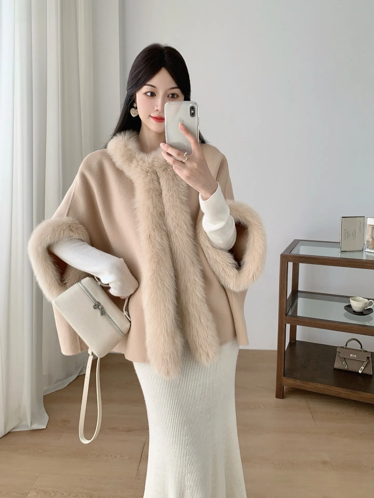 For the 2025 autumn/winter collection, A new Keluri cape wool coat, A double-sided woolen fox fur medium-length fur coat for wom