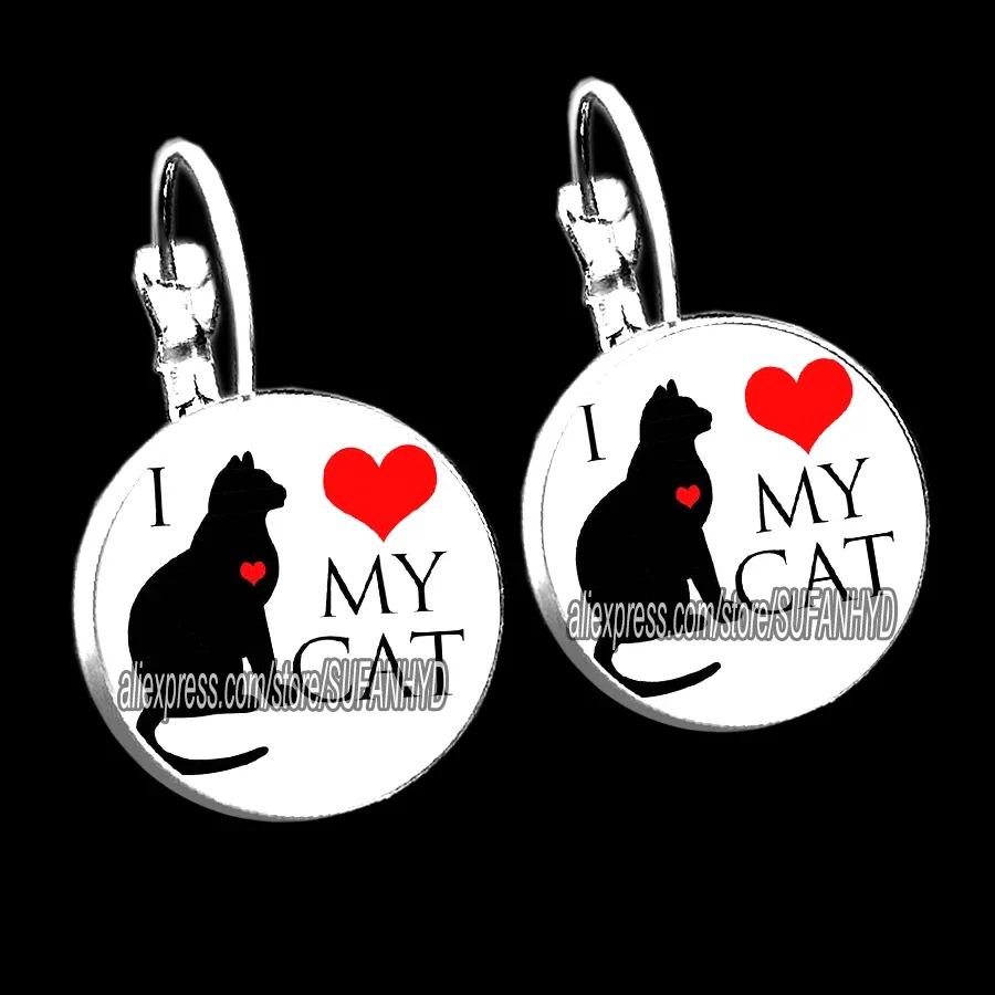 Cute Furry Cat Girl Stud Earrings Naughty Little Cat Glass Cabochon French Hook Earrings I Love My Cat Women Earrings jewelry