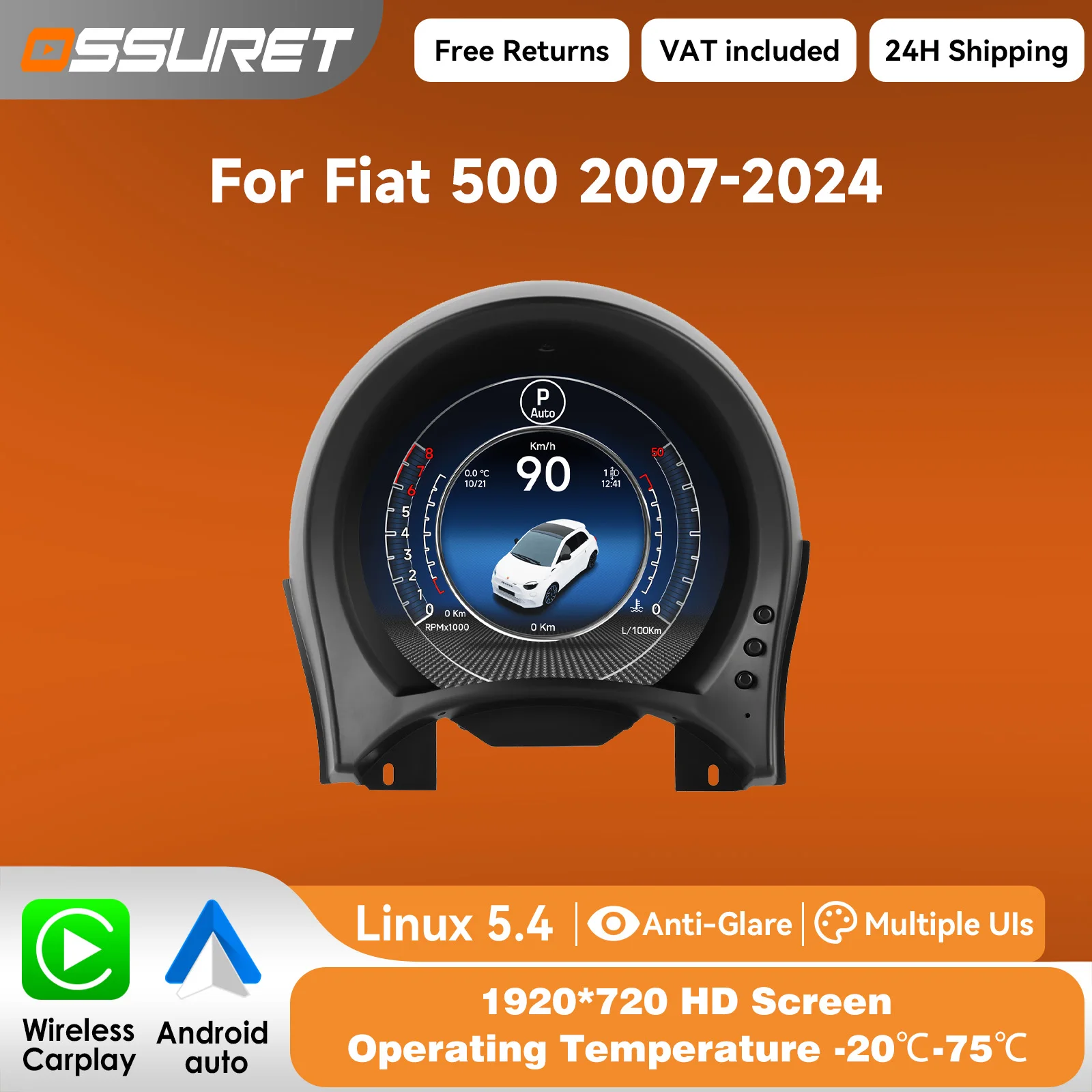 7-Zoll-Digitalinstrumentenanzeige für Fiat 500 2007 2008 2009 2010 2011 - 2024 Auto-LCD-Armaturenbrett Virtuelles Cockpit Tachometer