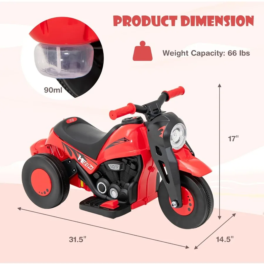 Motorcycle 6V Electric Ride On Car with Automatic Bubble Function Foot Pedal Headlight Music 3 Anti-Skip Wheels Vehicle for Tod