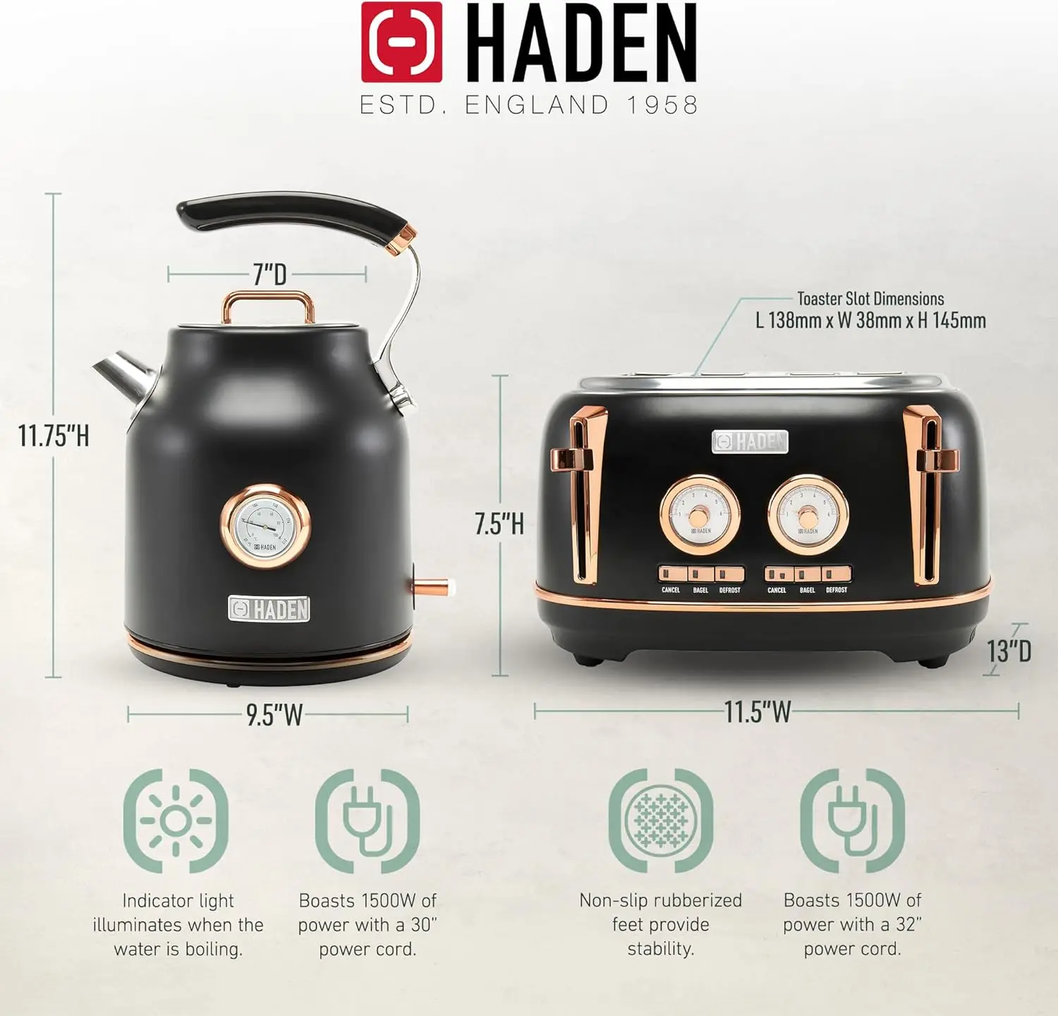 Dorset 1.7리터 스테인리스 스틸 전기 주전자(360도 베이스 포함), 4슬라이스 와이드 슬롯 스테인리스 스틸 토스터, Bl