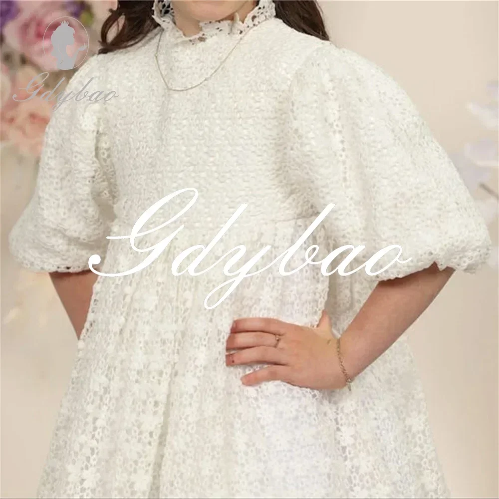 تخصيص الرقبة العالية الطية زين نفخة الأكمام ألف خط الدانتيل زهرة فتاة اللباس الطابق طول أنيقة رسمية ثوب التواصل الأول