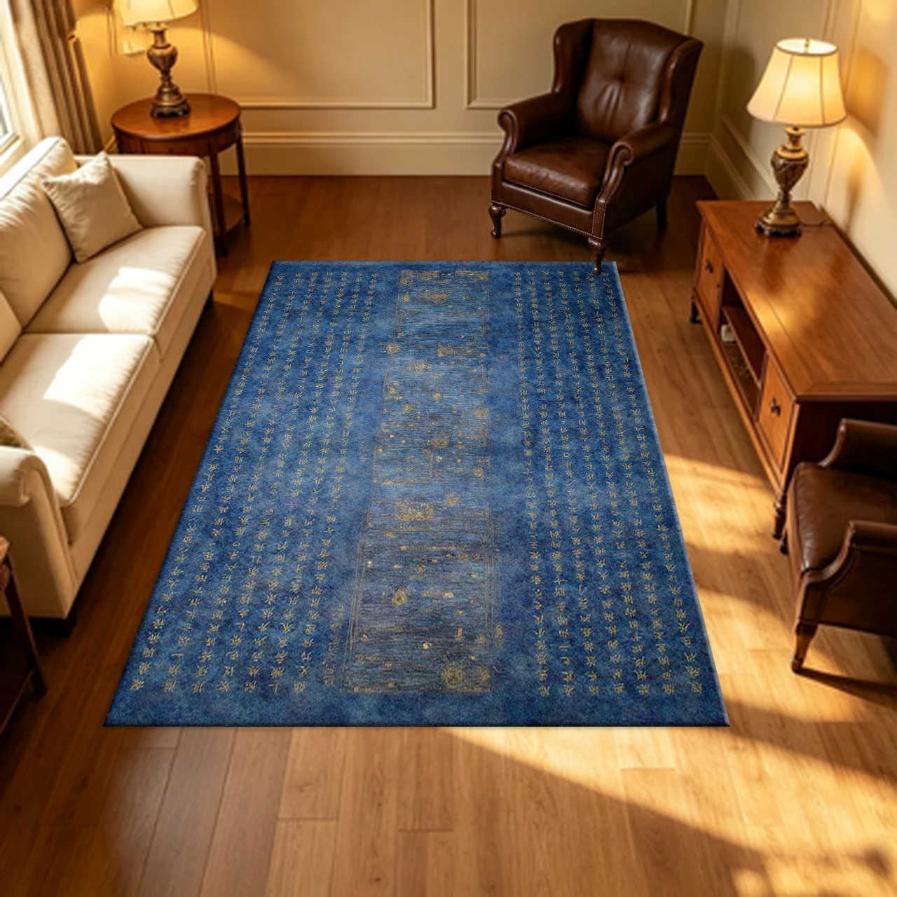 Vintage Blue Background Golden Chinese Calligraphy Carpet Flooring Retro Oriental Art Household Indoor Decor Area Rug