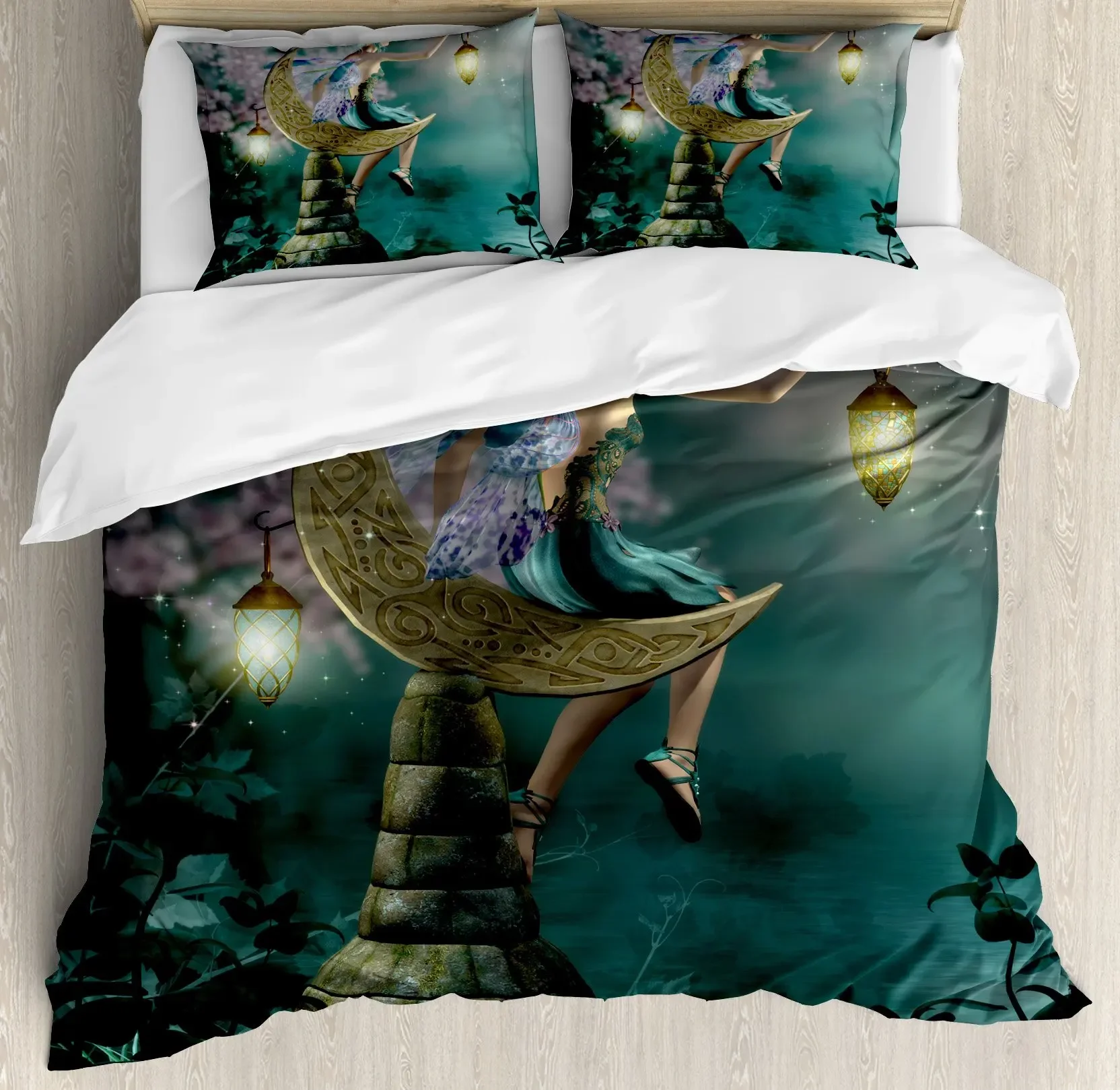 Fantasy Fairy Tale Duvet Cover Set,Girl Wings and Butterflies Little Pixie Elf Forest Bedding Set Woodland Comforter Cover Queen