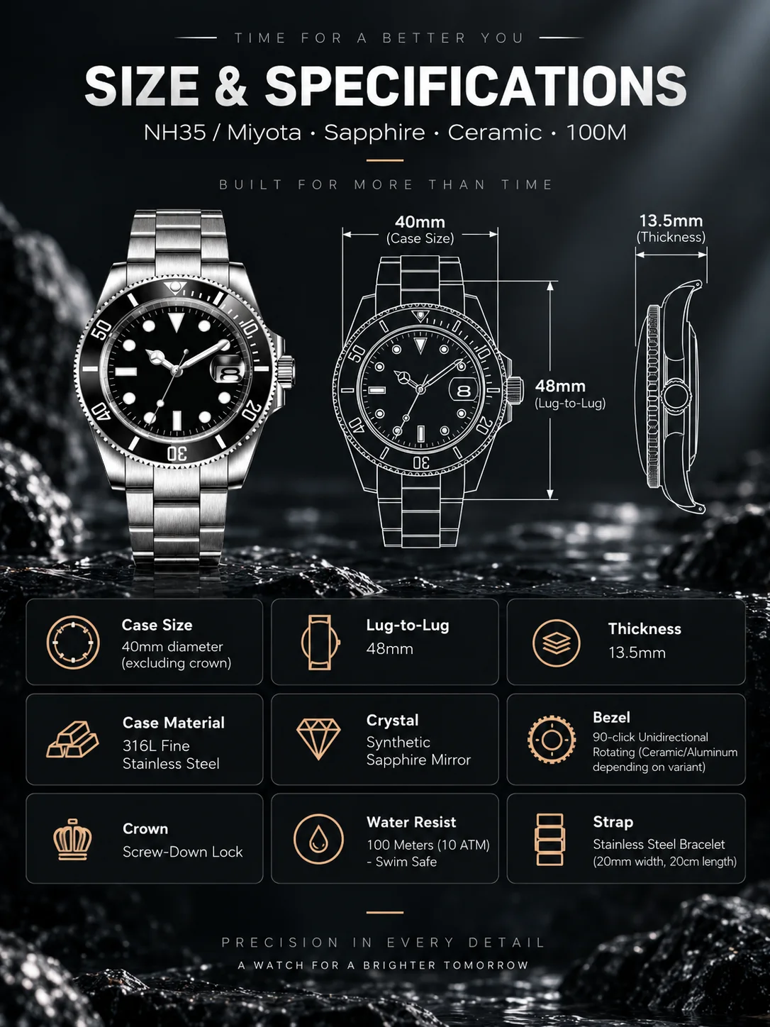 CORGEUT Custom Logo Automatic Watch Men NH35 Miyota Sapphire Crystal Ceramic Bezel 100M Waterproof Luminous Steel Wristwatch