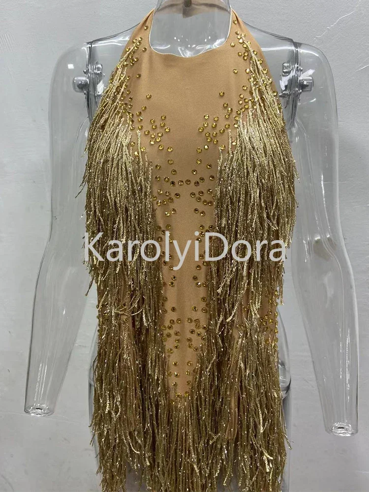 Body con flecos y diamantes de imitación brillantes para mujer, traje de club nocturno, traje de baile brillante, ropa de baile de una pieza, leotardo de escenario para cantante, 2024