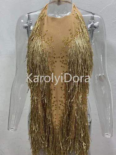 Body con flecos y diamantes de imitación brillantes para mujer, traje de club nocturno, traje de baile brillante, Ropa de baile de una pieza, leotardo de escenario para cantante 2024