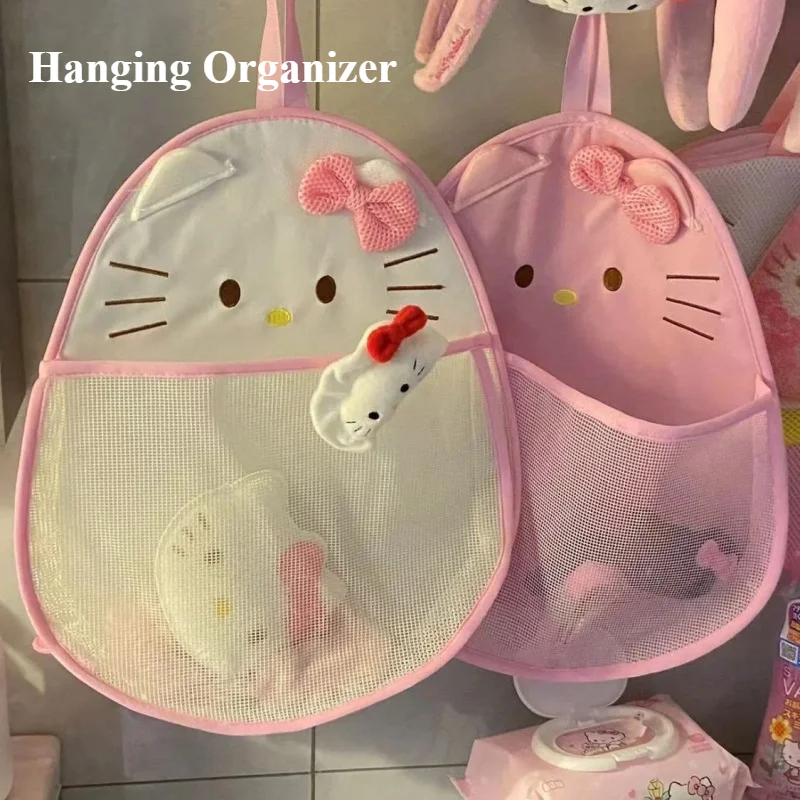 Cute Hello Kitty Hanging Bath Organizer Versatile Bathroom Mesh Storage Bag with Drainage Pockets Space-Saving Household Goods