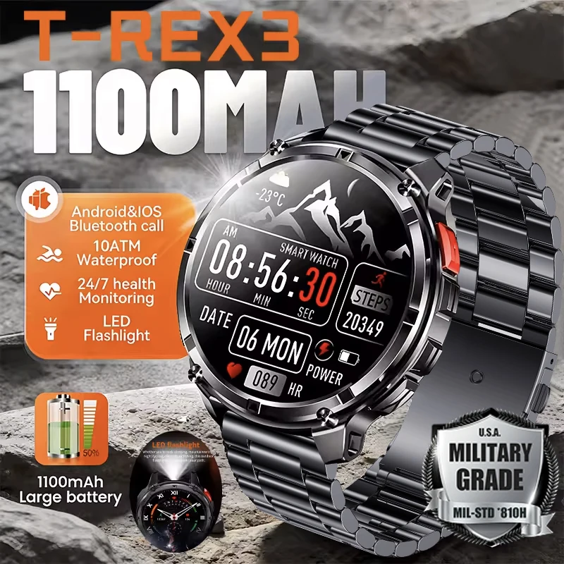 T-REX3 1100mAh Super Capacity Battery Military Outdoor Smart Watch Men 1.7