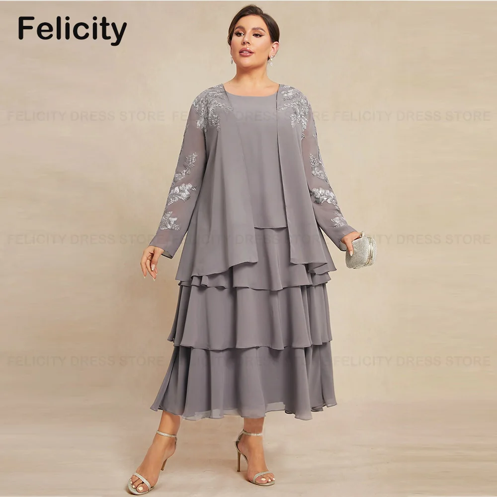 Plus Size Two Piece Mother of the Bride Dresses 2023 A-line Scoop Chiffon Applique Formal Wedding Guest Dress فستان حفلات الزفاف