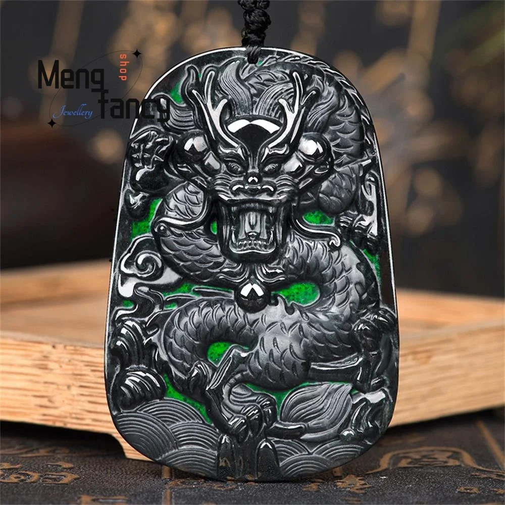 Natural Jadeite A Goods Ink Cui Zodiac Dragon Pendant Jade Ice Type Engraver Handicraft Exquisite Mascots Fashion Luxury Jewelry