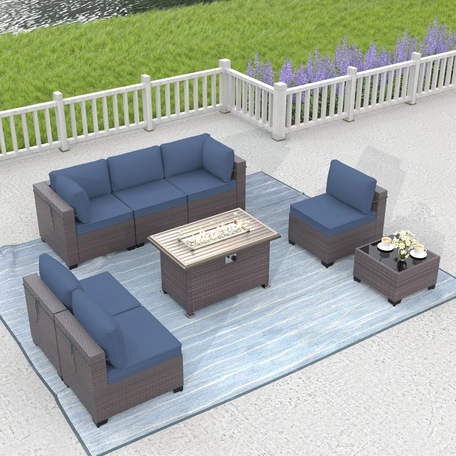 

8 Piece Outdoor Patio Furniture Set With Gas Fire Pit Table Patio Furniture Sectional Sofa W/43In Propane Fire Pit, 55,000 Btu