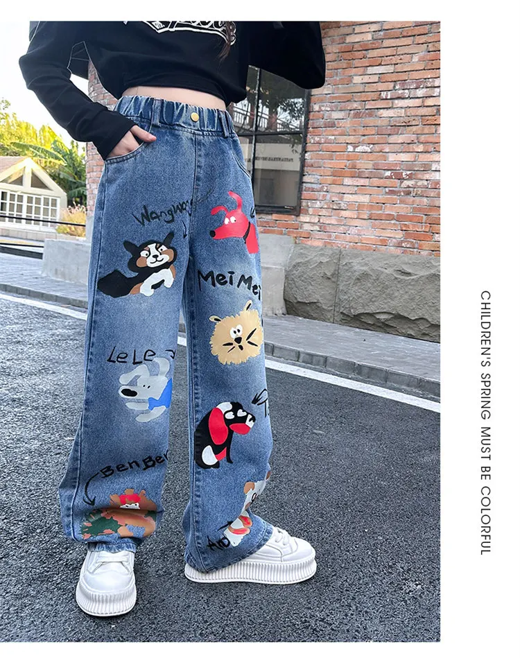 Heißer Verkauf: Blaue Jeans für Teenager-Mädchen mit Cartoon-Print, elastischem Mittelbund, lockerer Passform, Frühlingsmode, niedliche Kinderhose mit weitem Bein. – Detail 2