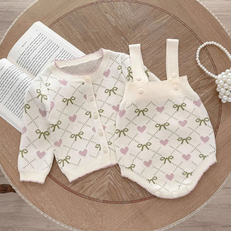 

2025 New Autumn Infant Baby Girl Clothes Set Long Sleeved Knitted Cardigan+Jumpsuit 0-3Yrs Children Knitted Clothes Suit