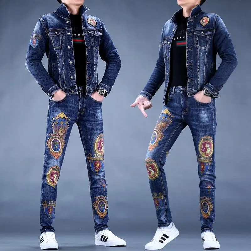 2023 spring and autumn new men\'s denim suit men\'s tide brand slim trend pants casual jacket men\'s jacket top