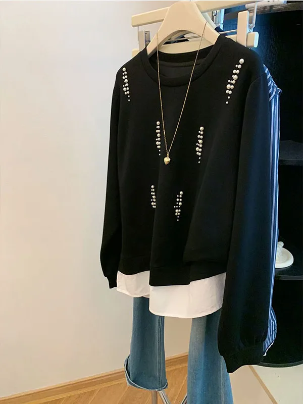 

plus Size 300 Pou Advanced Bead Splicing round Ne Long Sve T-irt ex Autumn Casual Trendy Top Polyester Fiber Br...