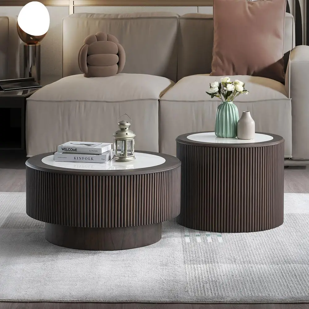 

Modern Round Faux Marble Coffee Table Set Dark Brown MDF Pedestal 2 Sizes for Living Room Office