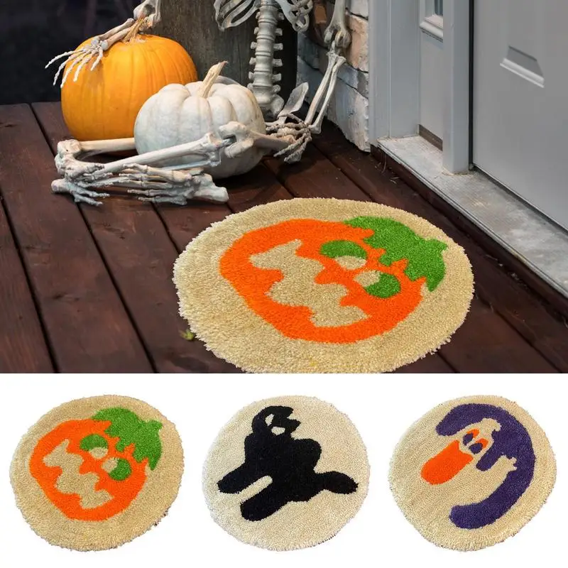 Halloween Door Mat Black Cat Pumpkin Ghost Pattern Design Absorbent Shaggy Carpet Round Tufting Soft Rug Halloween Gifts