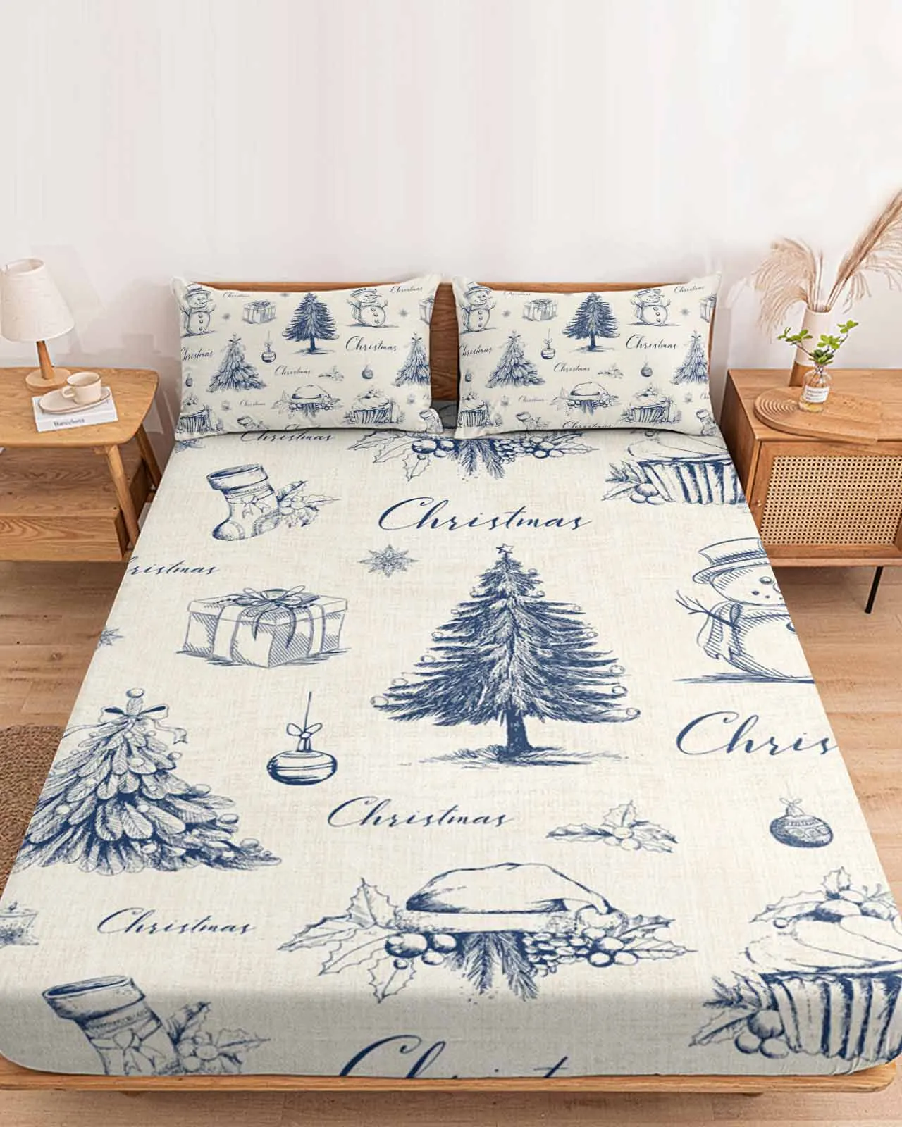 

Water Pen Style Snowman Christmas Tree Polyester Fitted Sheet Mattress Cover Four Corners Elastic Band Bed Sheet Pilllowcase