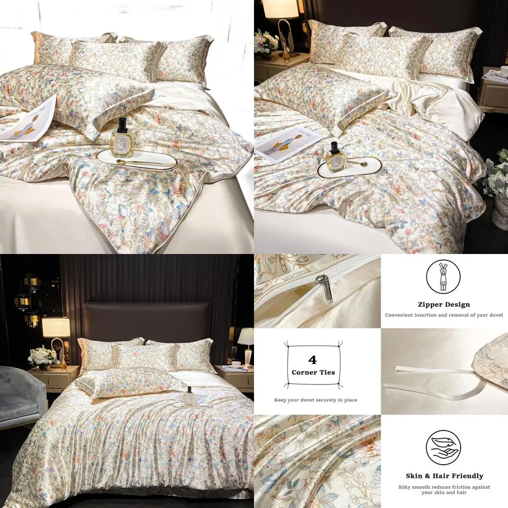 

Queen Size Satin Duvet Cover Set - Cool, Smooth & Silky Soft, Beige Floral, 1 Duvet Cover 90x90, 2 Pillowcases, 1 Flat Sheet, Li