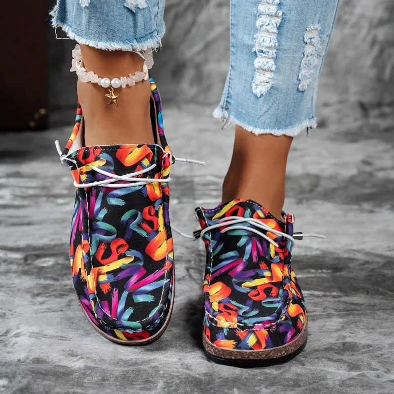 New Women Shoes Rainbow Canvas Shoes for Women Flat Sneakers Round Toe Multi-Color Lace-up Casual Shoes Zapatillas De Mujer
