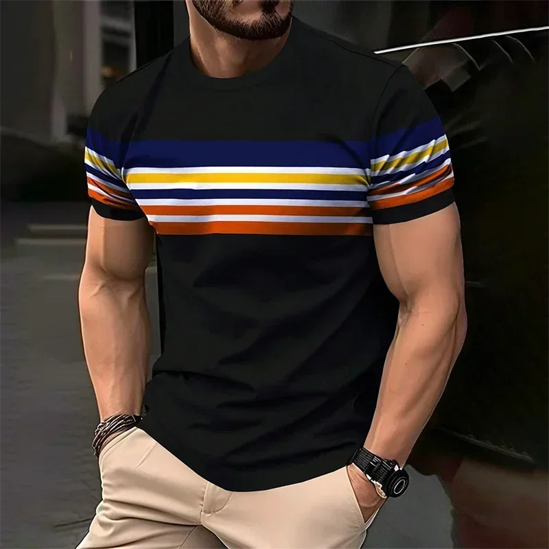 

Men's simple striped pattern summer fashion round neck 3D printed short-sleeved T-shirt, casual and loose pullover clothing.