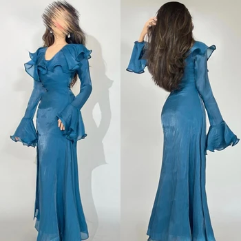 تخصيص البريق جودة عالية رائعة الشيفون كشكش كوكتيل حفلة حورية البحر الخامس الرقبة مفصل مناسبة ثوب فساتين متوسطة الطول