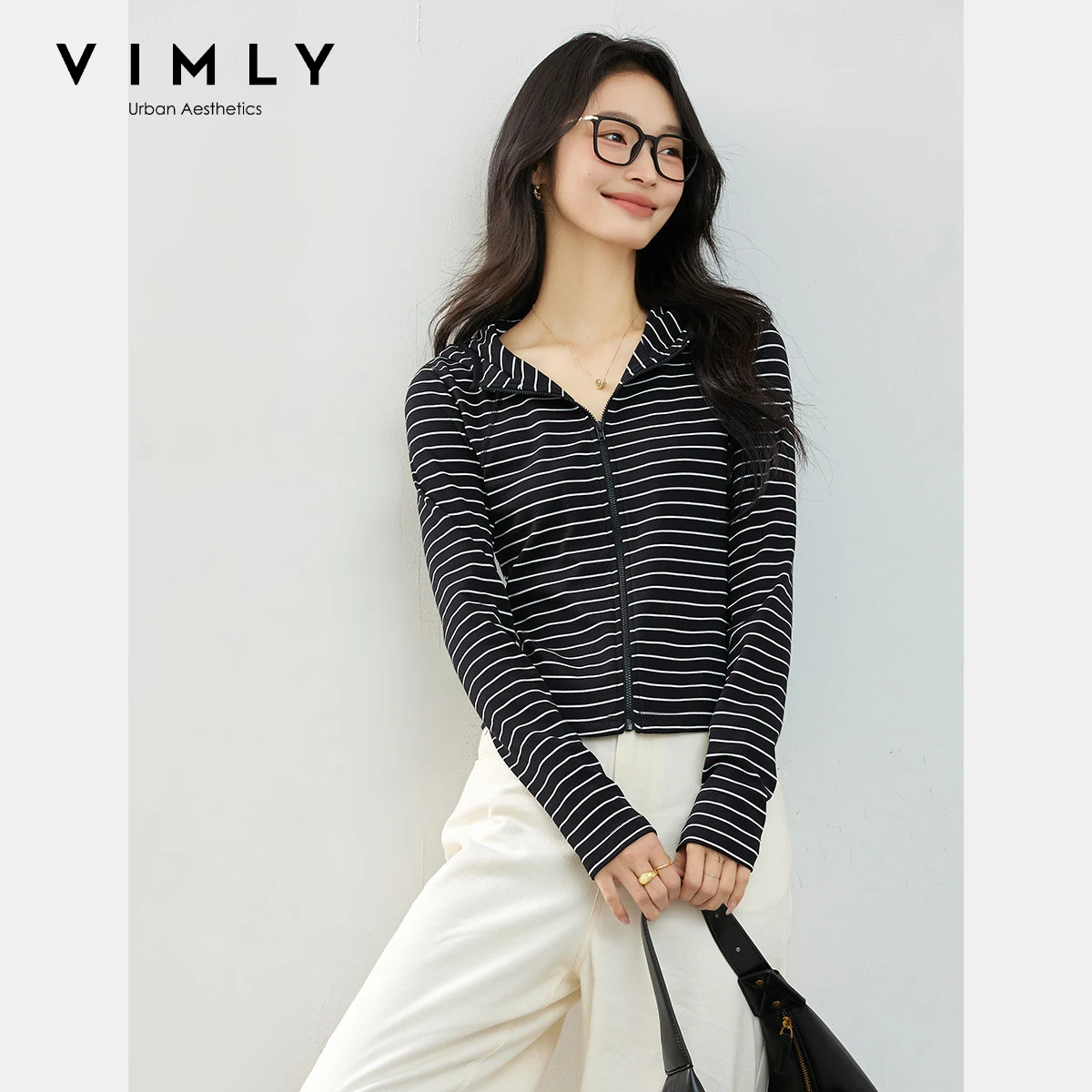 

VIMLY Black Striped Long Sleeve Cardigan Woman 2025 Autumn Hooded Ladies Knitted Casual Zipper Slim Thin Cardigan Femmes A1927