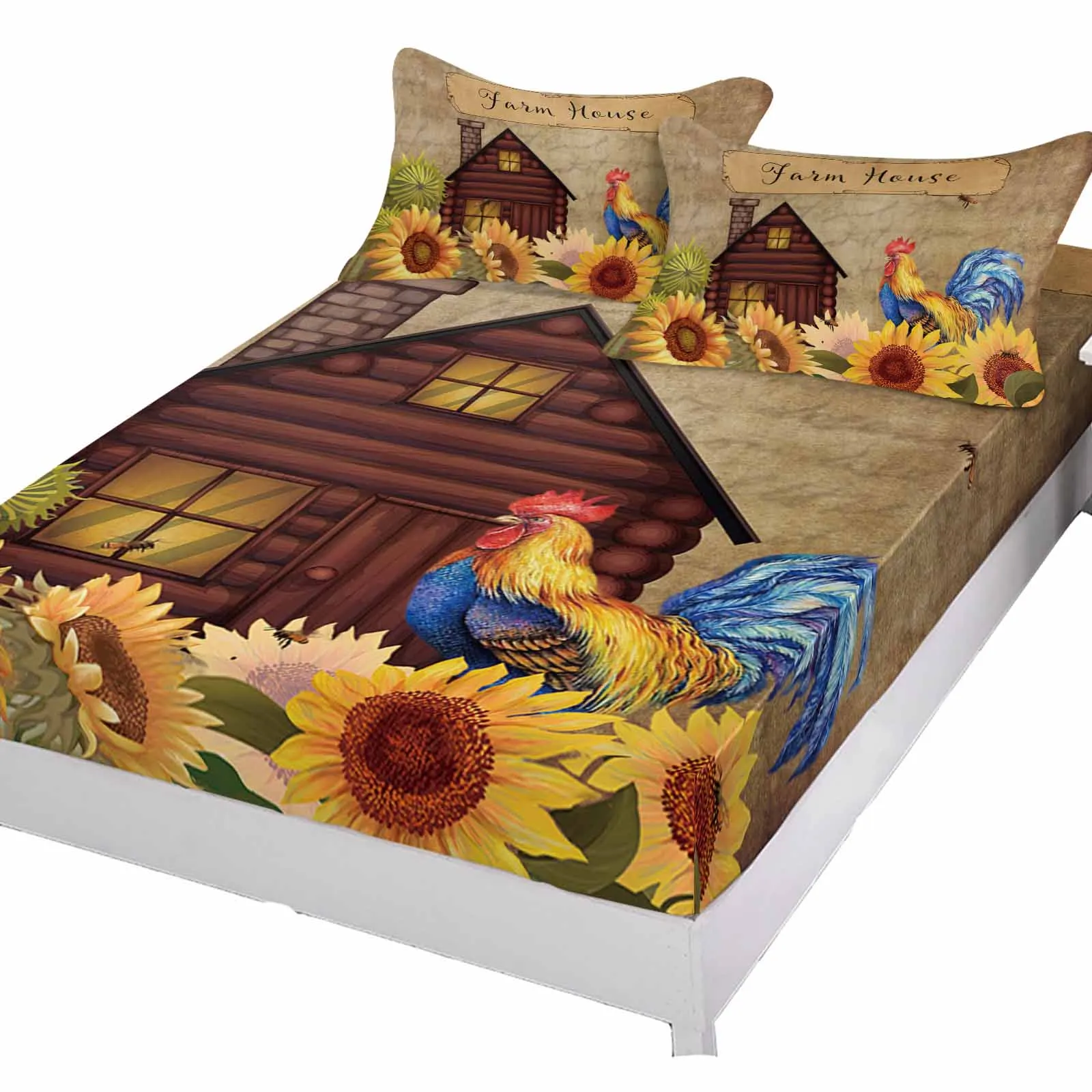 Farm Sunflower Rooster Barn Polyester Fitted Sheet Mattress Cover Four Corners Elastic Band Bed Sheet Pilllowcase