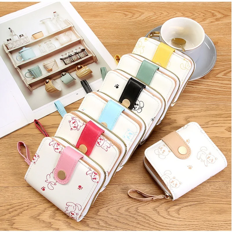 Portafogli corti da donna con gattino carino giapponese Porta carte per studenti con portamonete con cerniera Portafoglio bifold con fermasoldi per ragazze rosa