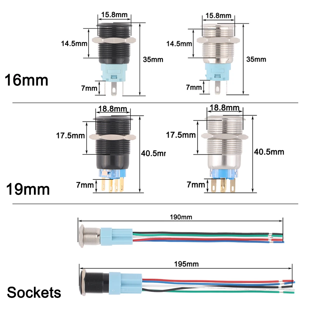 1 قطعة 16 مللي متر/19 مللي متر مفاتيح زر الضغط المعدني لصندوق السيارة لحظة/إغلاق 12 فولت قاعدة 1NO 1NC مع مآخذ #5