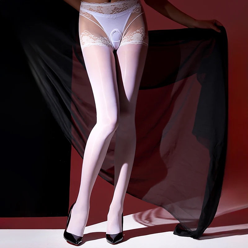 Sexy Lace Women Oil Shiny Stockings Sheer See Through Hollow Out Crotchless Shaping Pantyhose Open Crotch Sexy Tights 8D 912PIN