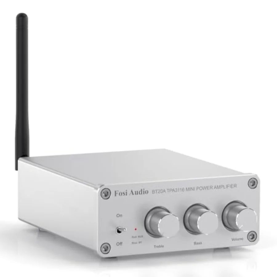 

Home audio amplifier, aluminum alloy body, black, Bluetooth 5.0 with bass/treble control and 100W x 2 Class D output