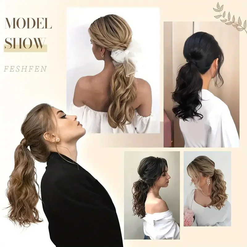 وصلة شعر صناعية مموجة ومموجة بطول 14 بوصة، وصلة شعر على شكل ذيل حصان، قطعة شعر وهمية باللون الأسود والأشقر للنساء