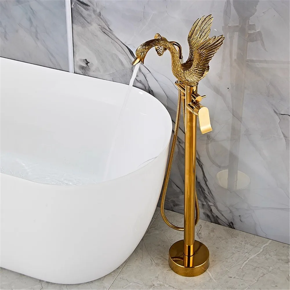 Articstic Creative Gold Swan Bathroom Bathtub Faucet with Handheld Shower Free Standing Brass BathTub Mixer Taps Floor Mounted
