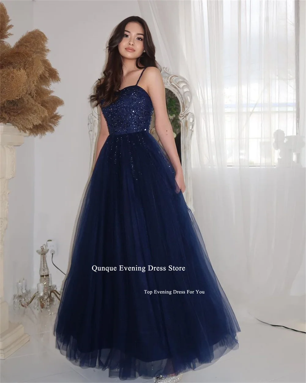 Qunque Luxury Evening Dresses Spaghetti Straps Nave Blue Tulle Beadings Vestidos De Gala Customized Tulle Formal Occasion Dress
