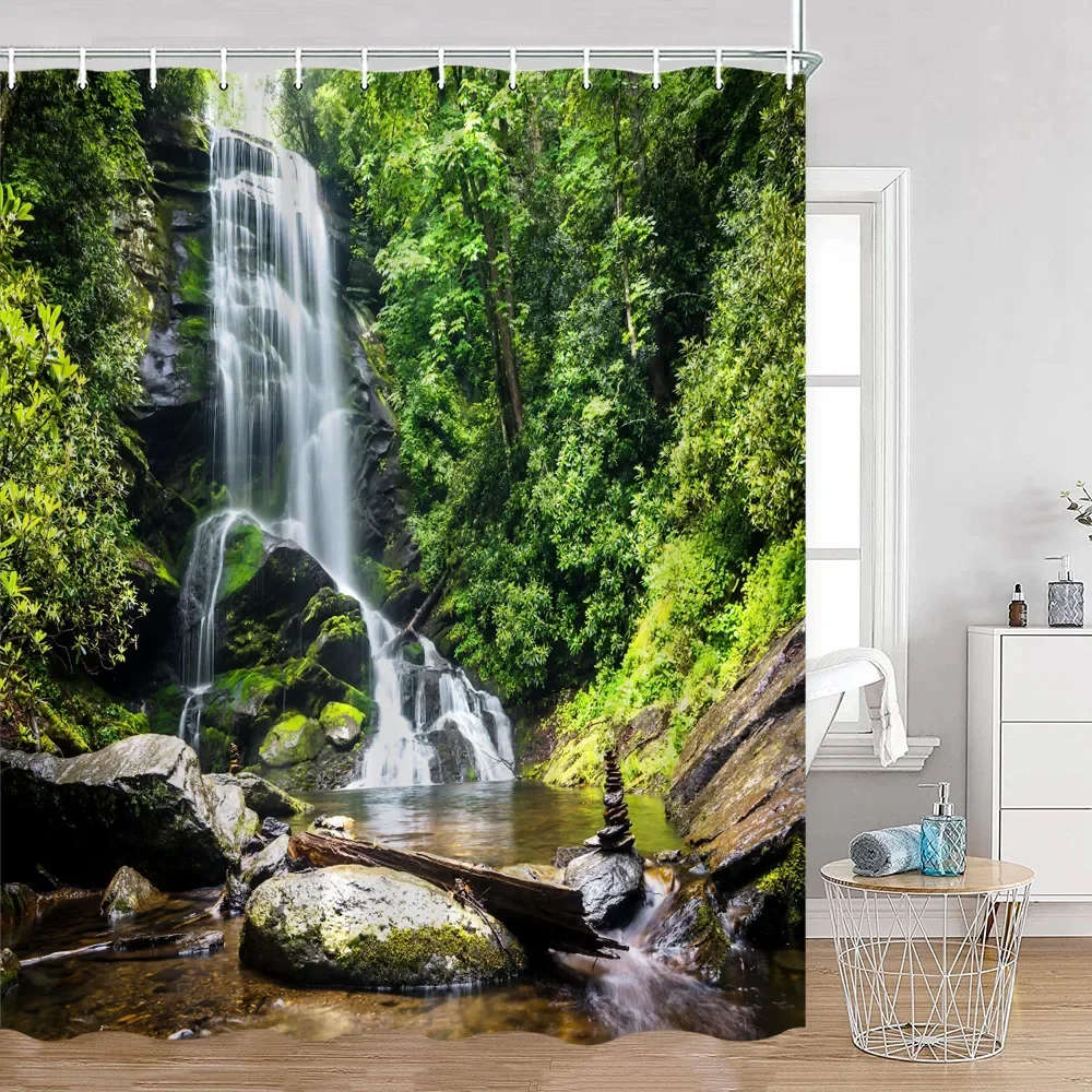 Waterfall Shower Curtains Natural Landscape Green Plants Forest Nature Greenery Home Decor for Bathroom Polyester Bath Curtain