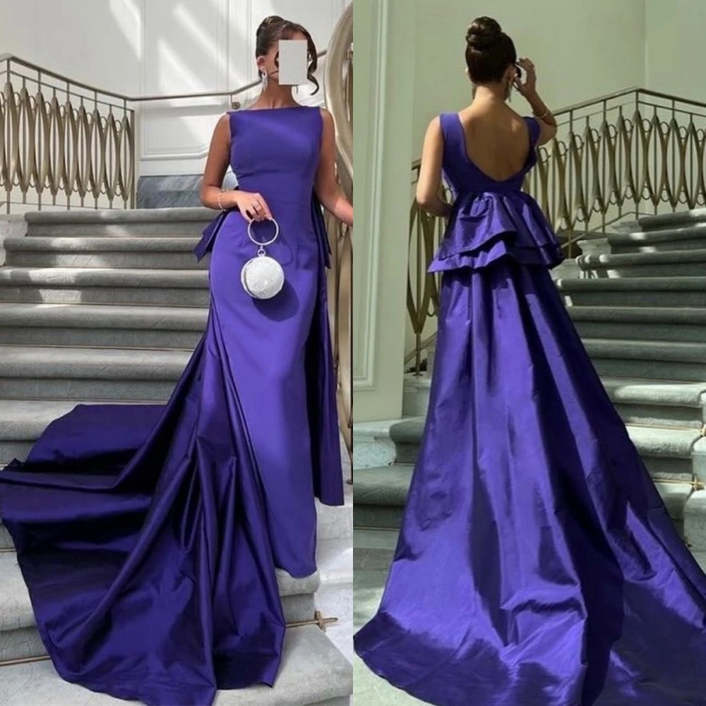 

Customized Prom Dress Elegant Boat Neck Sheath Pageant Dresses Floor Length Court Sleeveless Open Back Tank Taffeta Formal Eveni