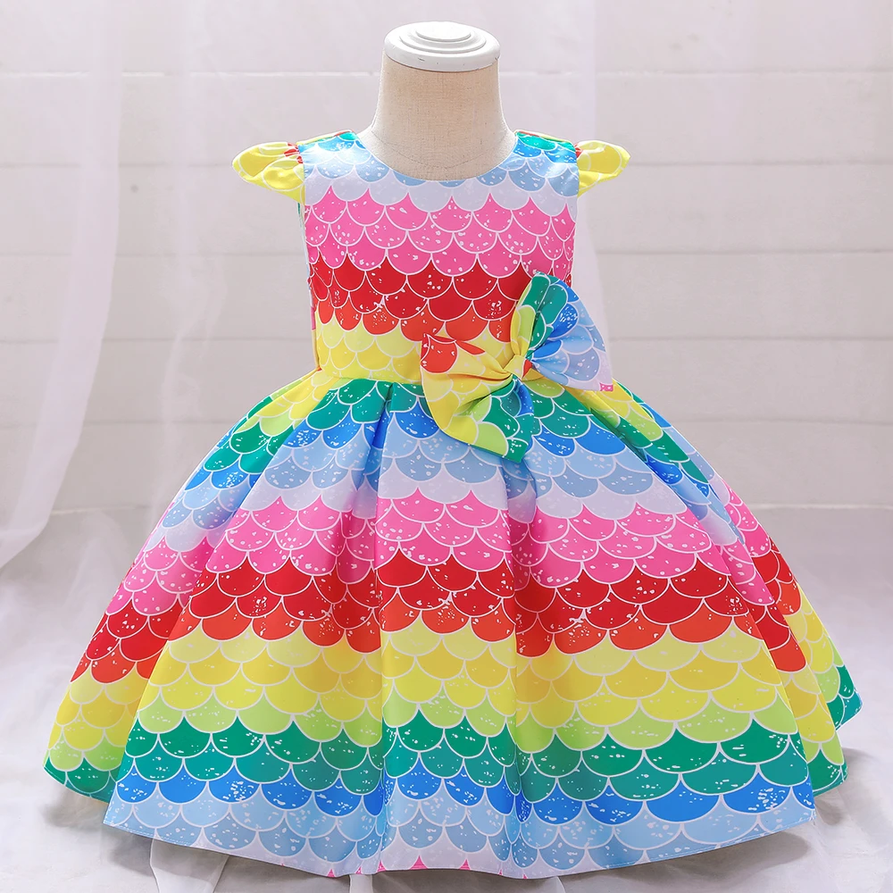 

Girls Colorful Summer Holiday Party Dress Baby Girl Rainbow Fluffy Dresses Kids Fishscale Pattern Clothes Toddler Fancy Costume