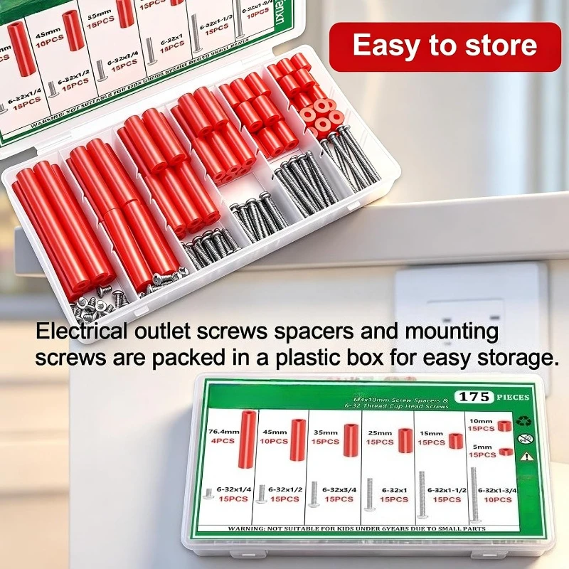 175pcs Red Electrical Outlet Spacers Kit with 6-32 Thread Cup Head Mounting Screws for Electrical Box Screws Switch Receptacle