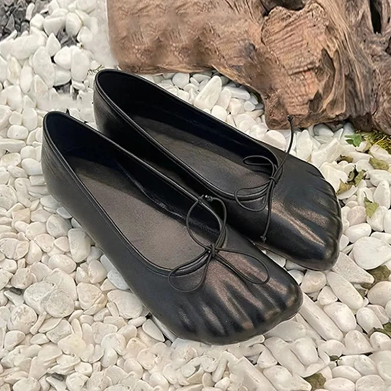 Women Black Silver Leather Ruched Split Toe Ballet Flats Mini Bow Decor Square Toe Slip On Daily Casual Flat Shoes Casual Mules