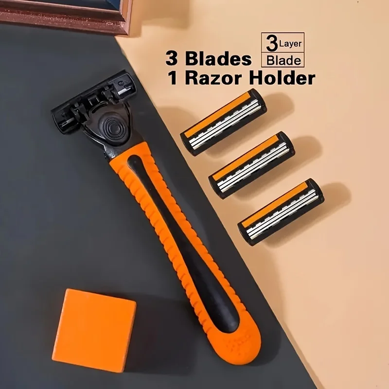 ماكينة حلاقة آمنة مكونة من 3 طبقات بمقبض معدني للحية والشارب. ماكينة حلاقة يدوية كلاسيكية من الفولاذ المقاوم للصدأ ذات 3 شفرات مع بشرة ناعمة #4