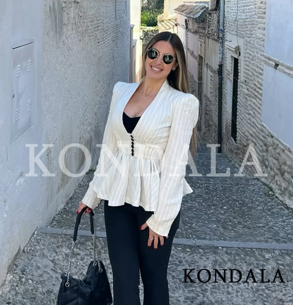 

Женский элегантный блейзер KONDALA с плиссированным подолом и полосками, V-образным вырезом и пуговицами, для офиса и повседневной носки, модный тренд весна-лето 2026